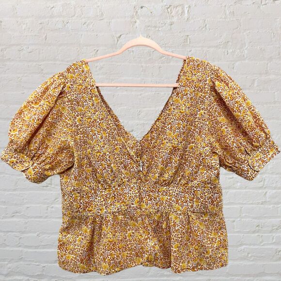 โจ J.Crew Deep V Puff Sleeve Blouse 16 ๐ Yellow Floral Peplum Cotton Blend ๐ธ - Picture 3 of 14